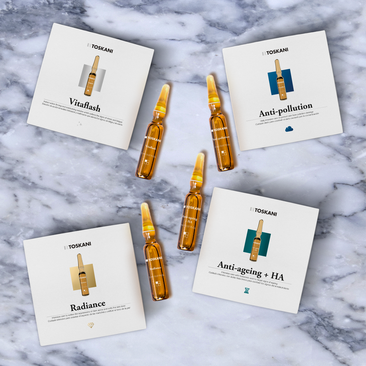 Toskani ampullen met Vitaflash, Anti-pollution, Radiance en Anti-ageing + HA verpakkingen