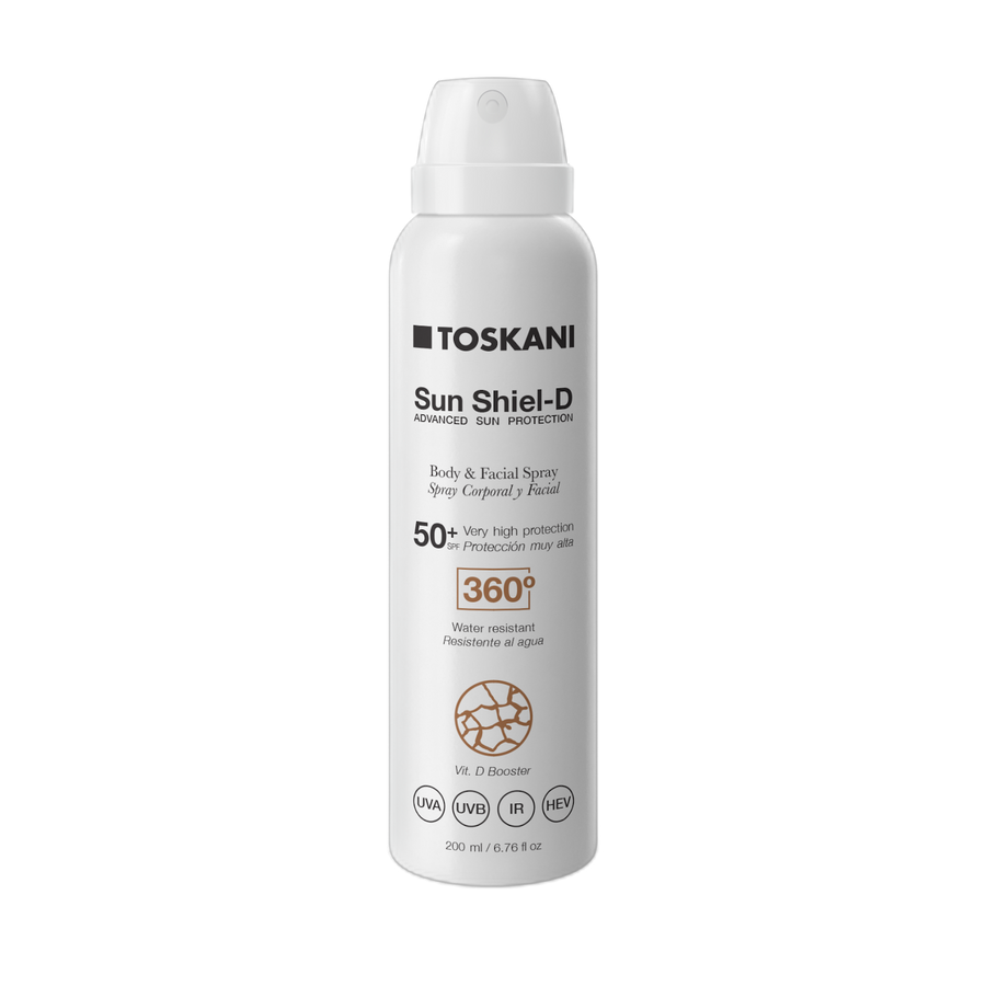 Toskani Sun Shiel-D Body & Facial Spray SPF50+ — 200 ml, vrijstaand product